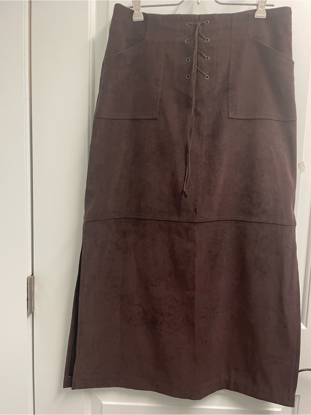 Dark Brown Suede Lace-Up Midi Skirt
